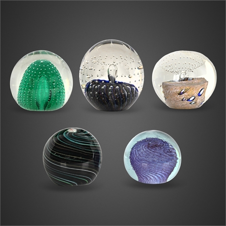 Lot of 5 Studio Art Glass Paperweights — Eickholt 1987 & Spring Valley