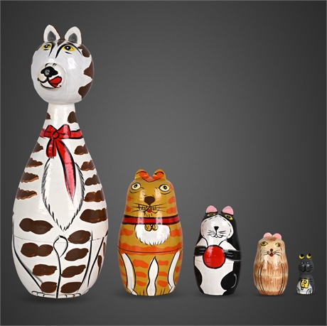 Russian Hand-Painted Cat & Mouse Nesting Dolls — 5-Piece Wooden Set