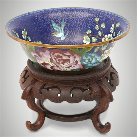 Chinese Cloisonné Enamel Bowl w/ Peony & Bird Motif, on Carved Stand