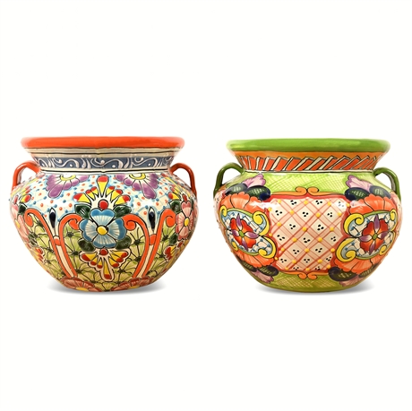 Pair of Hand-Painted Talavera Pottery Jardinieres — 9" x 12" and 8¾" x 11½"