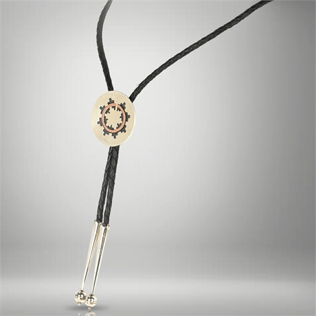 Willie Yazzie Navajo Bolo Tie, Sterling Silver & Copper, Wedding Basket Style