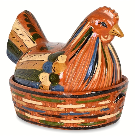 Vintage Tlaquepaque Mexican Folk Art Hen-on-Nest Pottery Dish