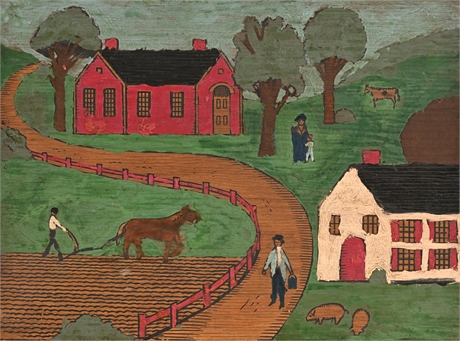 Folk Art Farm Scene — Plowman, Houses & Livestock, Acrylic on Wood Panel