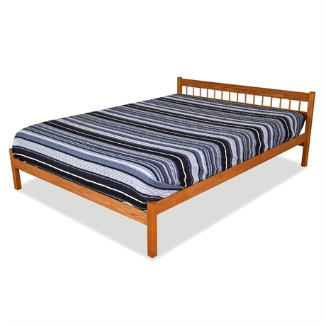 Solid Oak Queen Bed Frame with Original Slats – Mid-Century Style