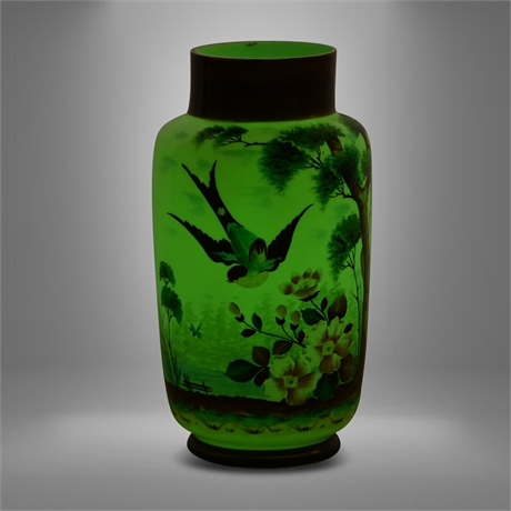 Antique Uranium Glass Hand Painted Vase