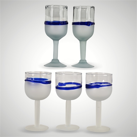 (5) Hand-Blown Frosted Stem Glasses with Cobalt Blue Ribbon