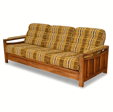 1970s Oak Sofa – Tufted Plaid Cushions & Brass Arm Details, Mission Style