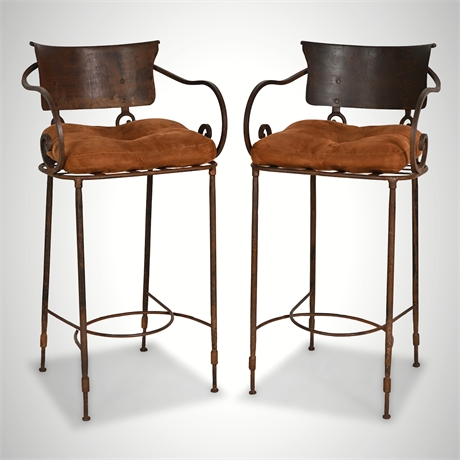 Forged Iron Bar Stools, Scroll Arms, Microsuede Cushions — Set of 2