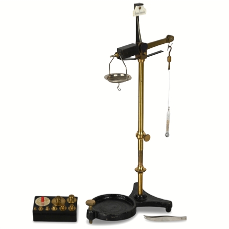 Vintage Laboratory Balance Scale with Brass Weights and Accessories