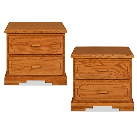Pair of Oak Stepped-Detail Two-Drawer Nightstands