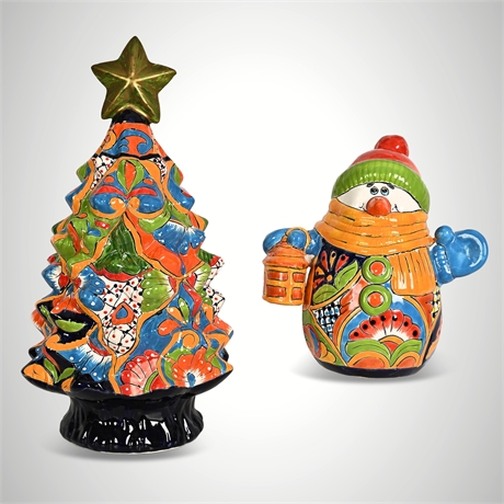 Talavera Hand-Painted Christmas Tree & Snowman Figural Pair, Mexico