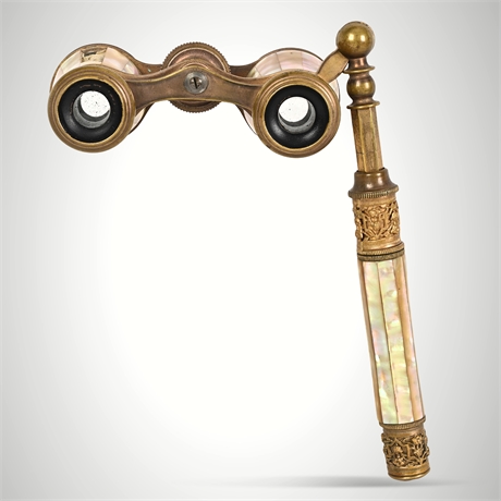 Opera Glasses Mother-of-Pearl & Brass Figural Handle — 19th Century