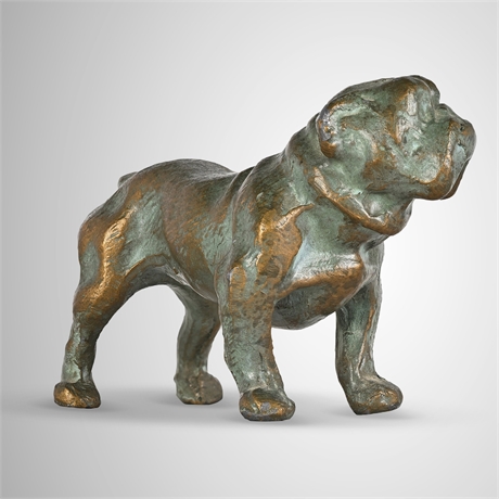 Cast Bronze Standing Bulldog, Miniature Cabinet Sculpture with Verdigris Patina