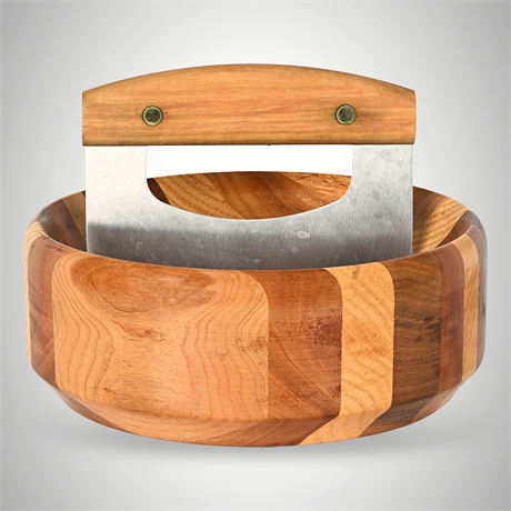 Handcrafted Runkle Wood Chopping Bowl & Mezzaluna Knife Set