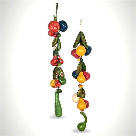 Pair of Hand-Painted Mexican Folk Art Gourd Fruit & Veg Garlands, 41"