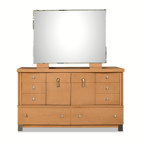 United Furniture Mid-Century Blonde Mahogany Bow-Front Dresser with Mirror