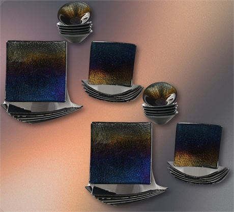 Service for 12 Iridescent Fused Dichroic Glass Dinnerware Set