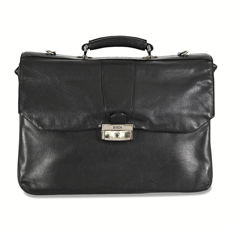 Bosca Black Pebbled Leather Double-Gusset Briefcase with Shoulder Strap