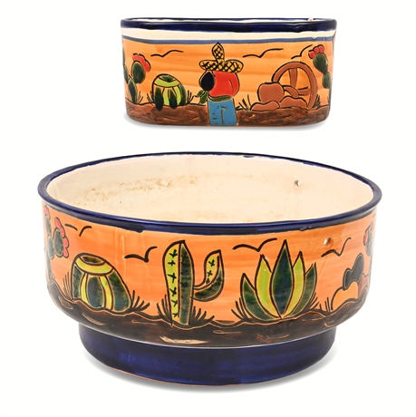 Desert Sunset Talavera Pottery Pair – Large Hanging & Oval Planters