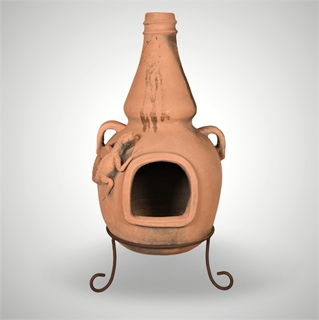 Large Terracotta Chiminea with Lizard Motif & Iron Stand