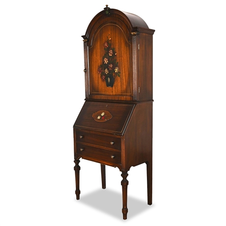 Rockford Furniture Co. Mahogany Secretary Desk & Hutch, Hand-Painted Florals