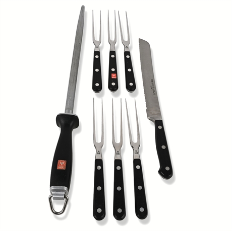 Wüsthof Dreizack Solingen Knife, Sharpener & (6) Meat Forks