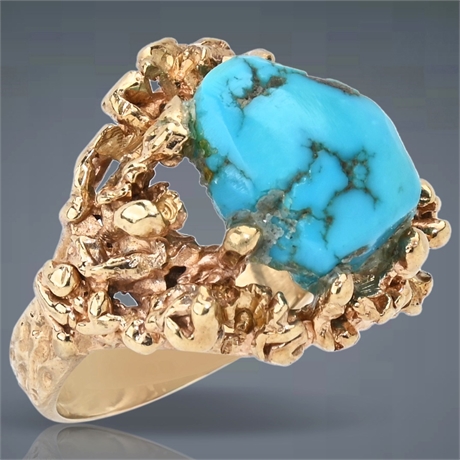 14K Gold Nugget Ring with Natural Turquoise