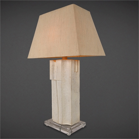 Brutalist Cast Plaster Table Lamp – Acrylic Base, 34" Tall, 3-Way Switch