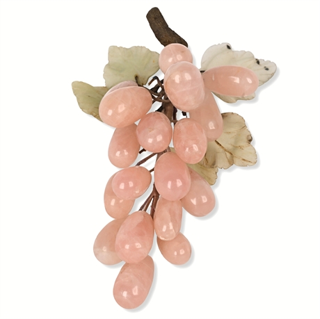 Mid-Century Rose Quartz Grape Cluster — Hardstone Leaves, 7"