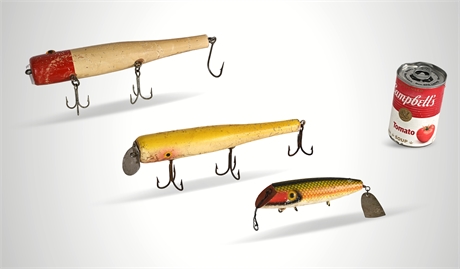 3 Large Vintage Wood Fishing Plugs — Atom Bob Pond, Red Head, Marlin