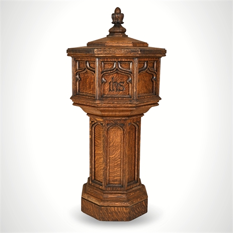 Oak Baptismal Font, Gothic Revival — Carved IHS, Copper Bowl