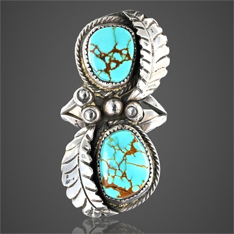 Navajo Sterling Silver Ring w/ 2 Turquoise Stones Size 6.5