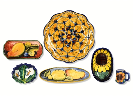 Artisan Mexican Pottery Set – Hand-Painted Sunflower & Fruit, 6pcs