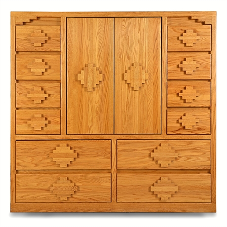 Forest Designs Oak Showcase New Mexico Style Armoire with Stepped Pueblo Motifs