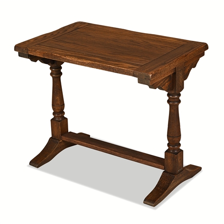 Oak Trestle-Base Side Table with Turned Baluster Supports