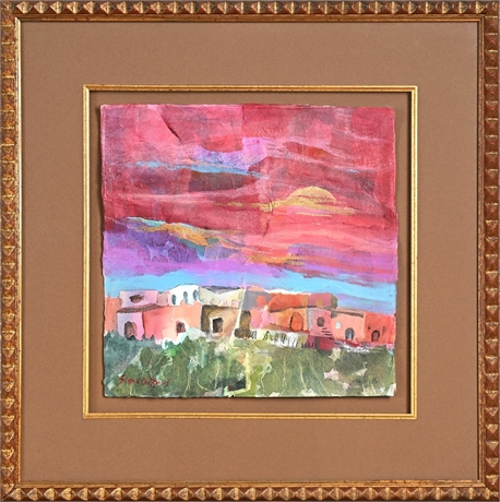 Susan Cox Davis 2005 Mixed-Media Adobe Village at Sunset on Handmade Paper