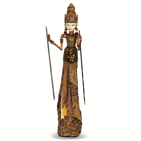 Traditional Wayang Golek Puppet with Silk Sarong and Removable Wood Base