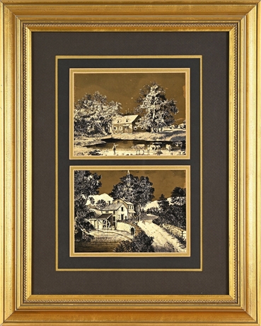 Currier & Ives Gold Foil Pastoral Scenes — Framed Pair