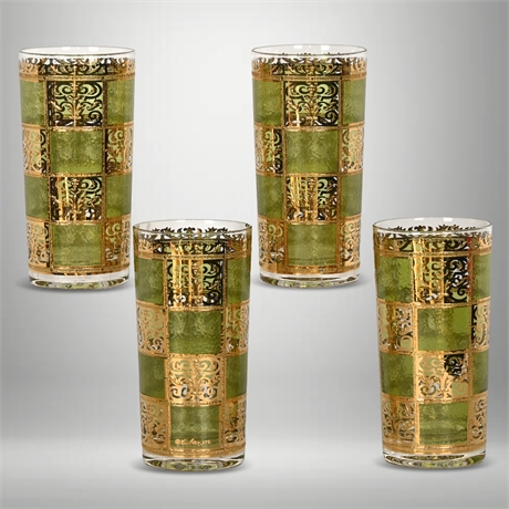 Vintage Culver "Prado" Green & 22-Karat Gold Collins Glasses