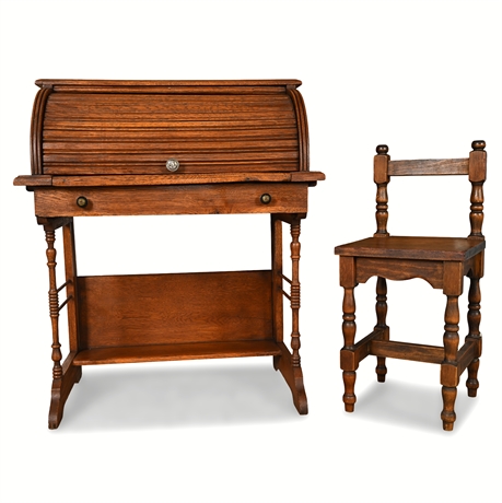 Antique Child’s Oak Roll-Top Desk & Chair – Early 20th Century