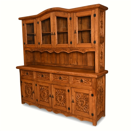 Hand-Carved Pine Hutch & Sideboard — Sun Face, Forged Iron Hardware