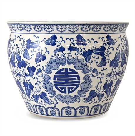 14" Chinese Blue & White Fish Bowl with Shou Longevity Motif