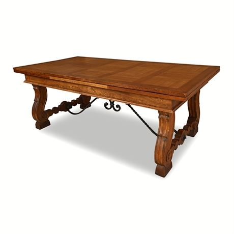 Spanish Baroque Style Oak & Wrought Iron Draw-Leaf Dining Table, 20th Century