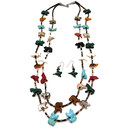 Zuni Two-Strand Fetish Necklace & Earrings