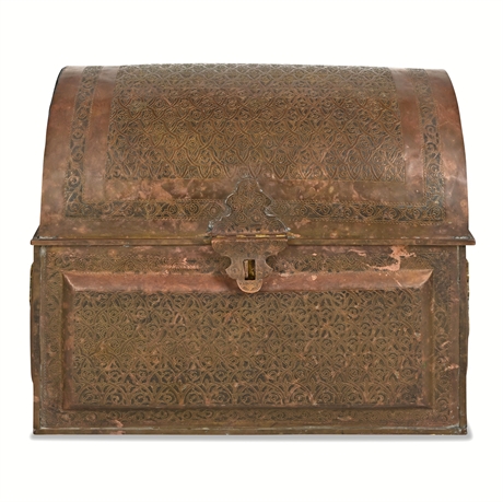 Moroccan Engraved Copper & Brass Domed Marriage Chest, Green Silk Lining
