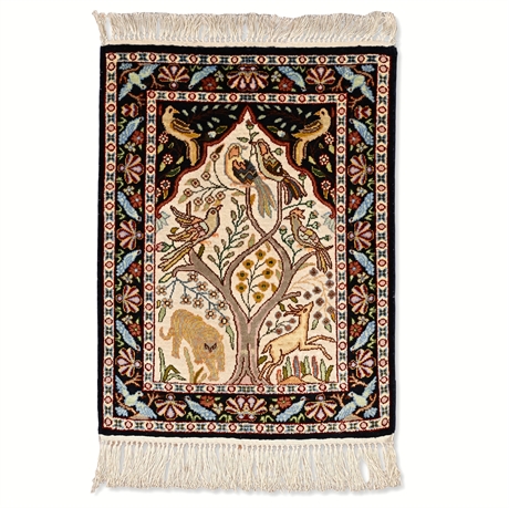 Indian Pictorial Silk Rug, Tree of Life, 30" × 18"