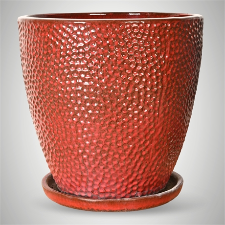 Large Textured Red-Glazed Ceramic Planter w/ Saucer
