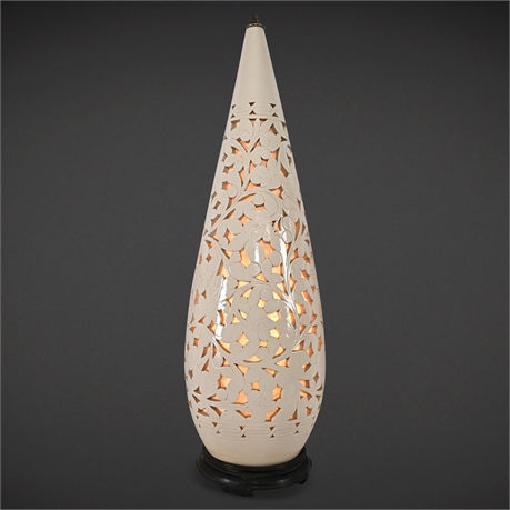27" Pierced Ceramic Lamp with Rice Paper Interior – Floral Cutwork Design