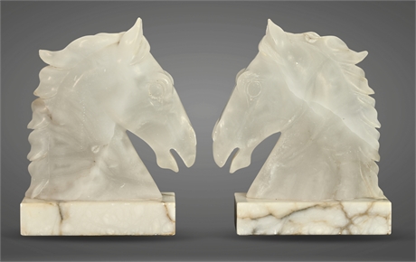 Pair Alabaster Carved Horse Head Bookends