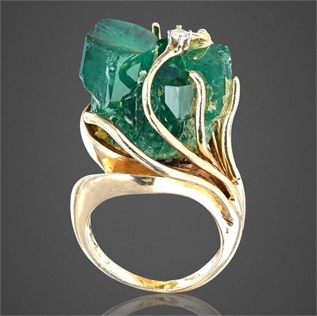 14K Gold PACG Ring • Natural Emerald Crystals & Diamond Accent